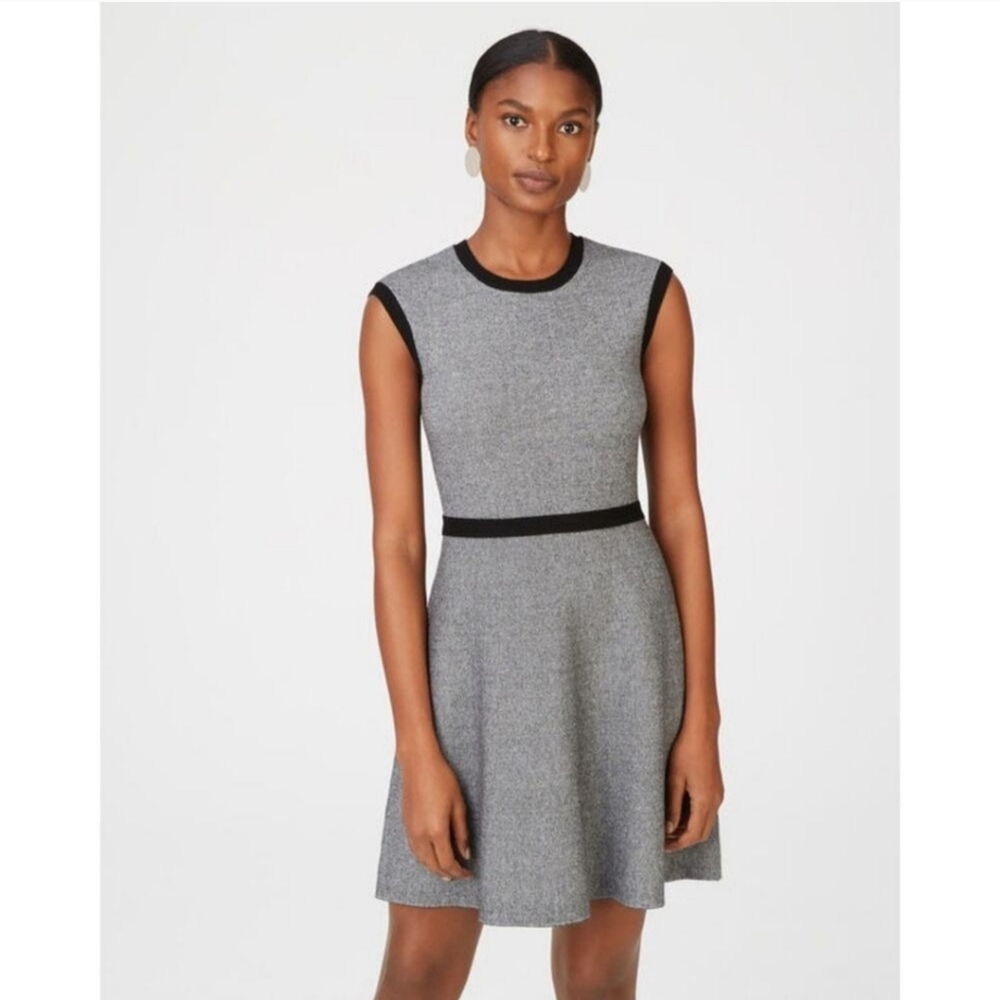 Club Monaco Grey Knit Fit-and-Flare Mini Dress with Black Trim